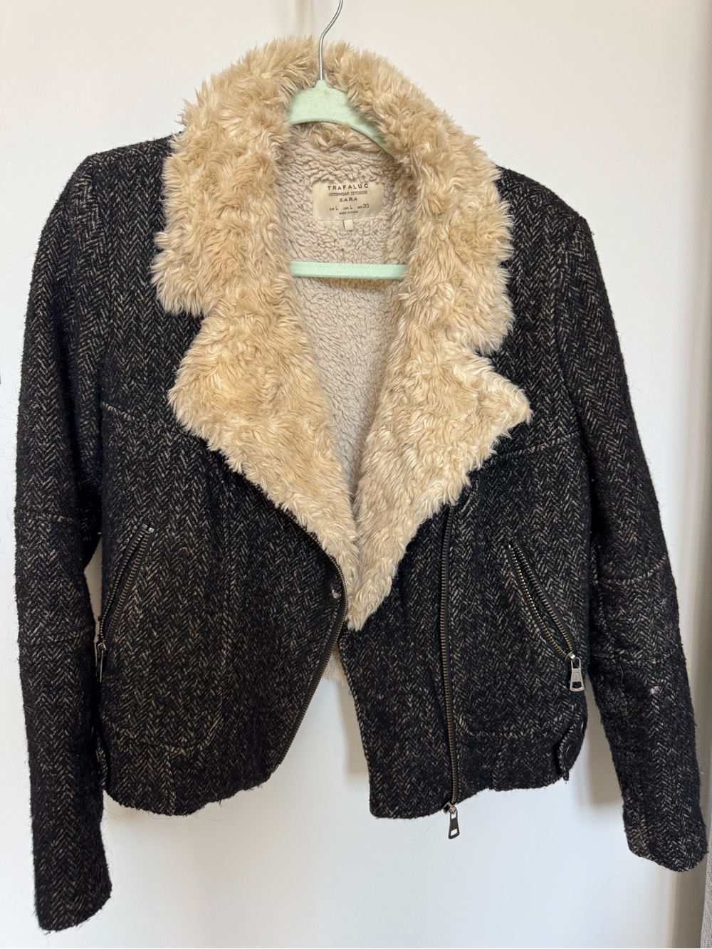 Zara Black Tweed Moto Jacket with Cream Faux Fur Collar
